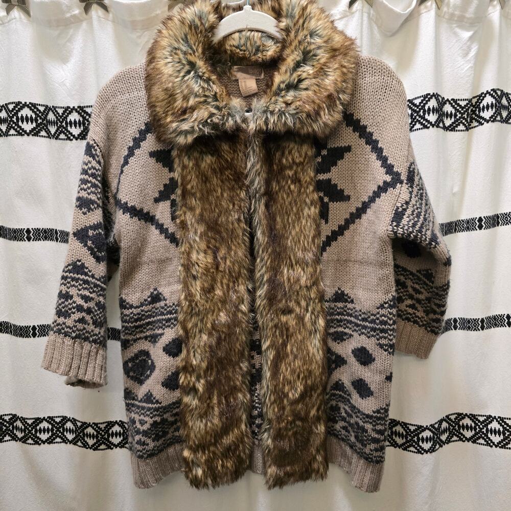 Forever 21 faux fur trim fairisle knit cardigan XS